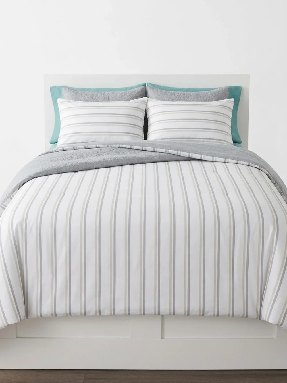 Striped White and Gray Comforter Set with Aqua Shams